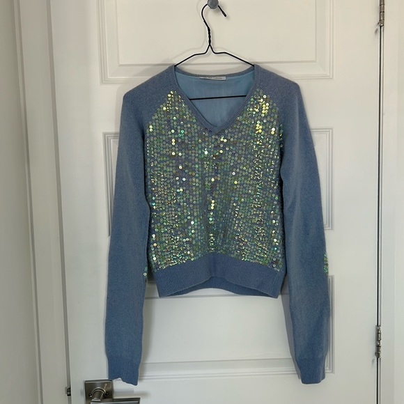 LIU-JO - sweater sequins iridescent blue angora blend vneck size XS - Picture 1 of 9